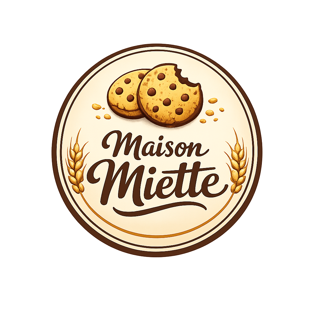 Logo de la marque maison miette, où l'on voit un cookie avec un croc. Et des branches de blés